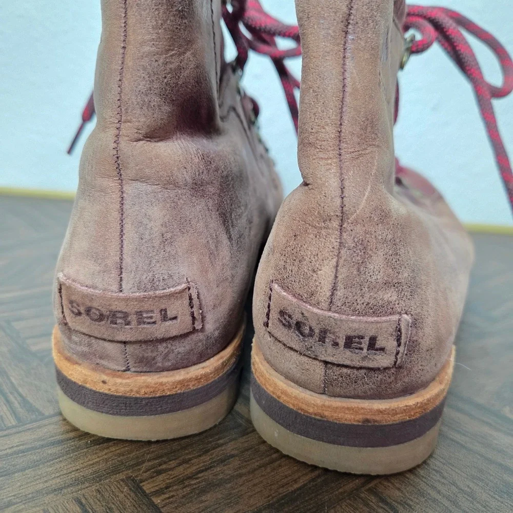 Sorel brown‎ leather red lace ankle boots womens size 10 Winter boots